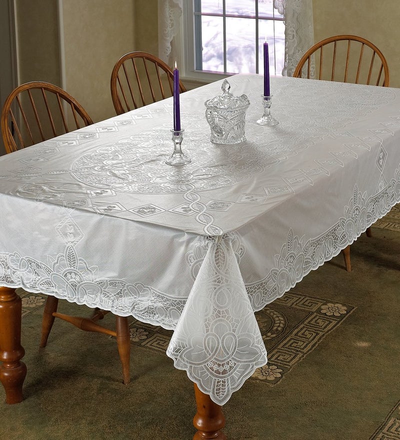 Violet Linen Vinyl Lace Betenburg Design Tablecloth White 60" by 104" Oblong/Rectangle - Image 1
